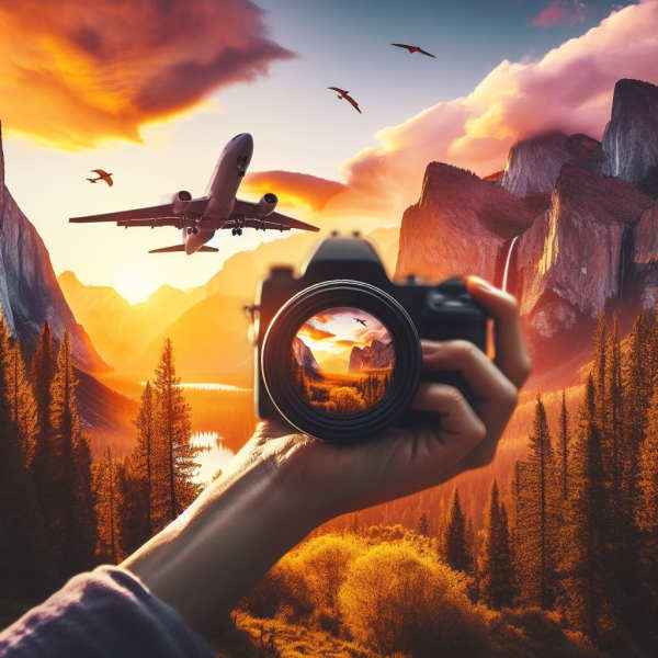 Ein Fotograf, der eine Kamera in der Hand hält und auf eine malerische Landschaft blickt, während die Sonne sanft am Horizont untergeht. Der Hintergrund ist in warmen Orangetönen und sanften Pastelltönen gehüllt...